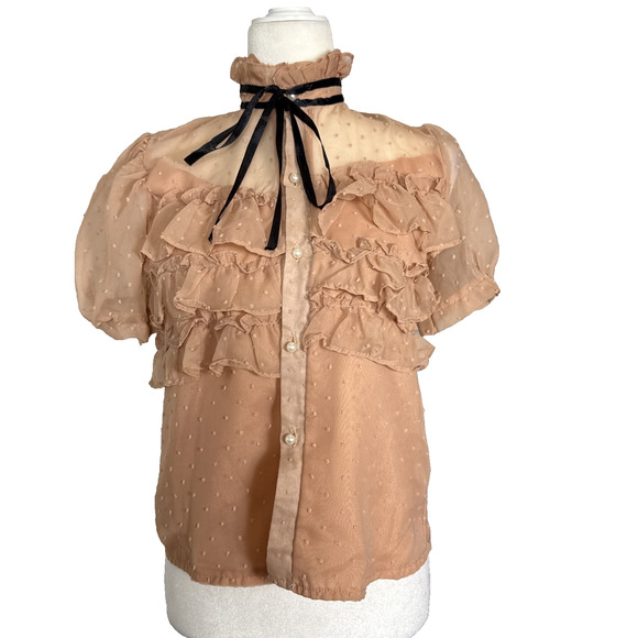 Unbranded Tops - Blush Sheer Swiss Dot Ruffle Chiffon Blouse Puff Sleeve Mock Neck Victorian Sm